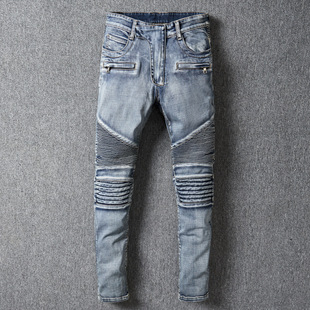 Custom stitching motorcycle zipper pocket 0 denim pants light blue processing change OEM printing 200 pieces