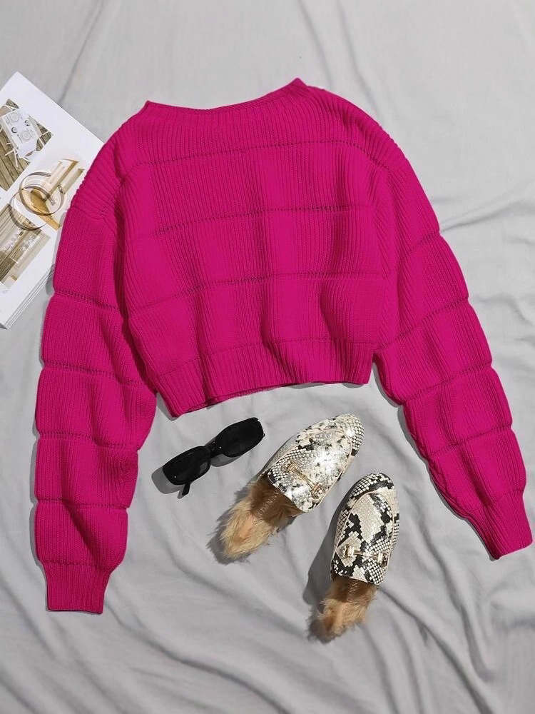 2025 primavera, otoño, invierno, punto de cuello redondo, temperamento europeo y americano, color puro, suéter de aguja, ropa corta de mujer coreana