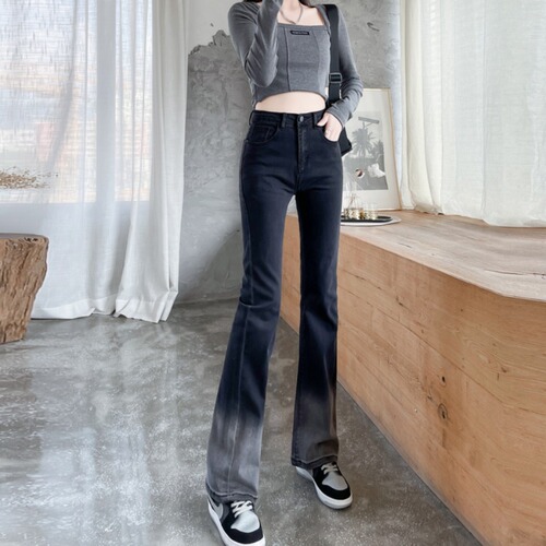 Gradient micro-waist women's color-blocked niche high-waisted Ankle Boot Pants, versatile slim fit floor-length elastic bell-bottom pants