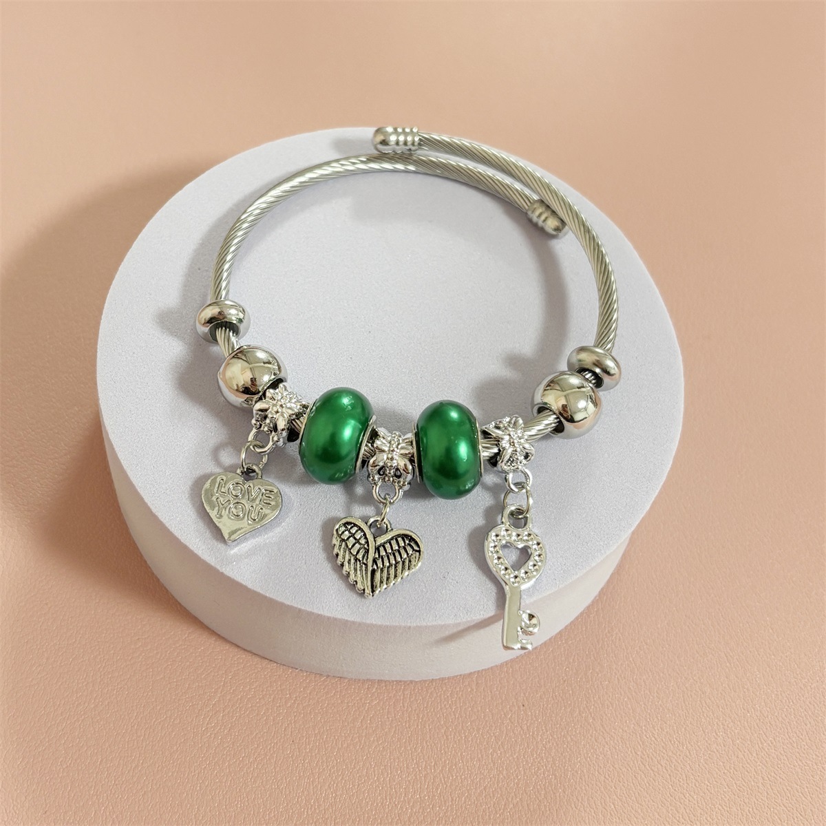 Pandora Style Charm Bracelet With Wing Heart And Key Pendants_voghion.com