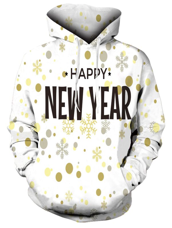 Spring and Autumn 3D Digital Print Happy New Year Men's Casual Hooded Sweatshirt