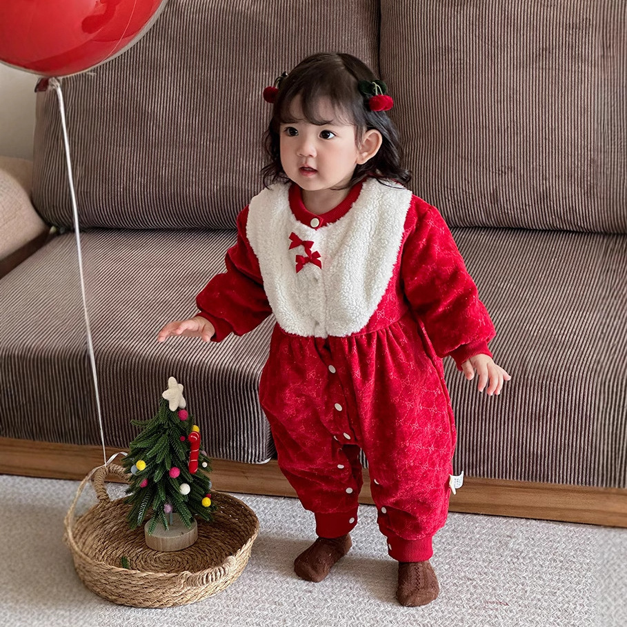 Ropa de invierno para bebé, bowknot, bolso de conejo rojo, mono, estilo chino, ropa de año nuevo, ropa de bebé de un año