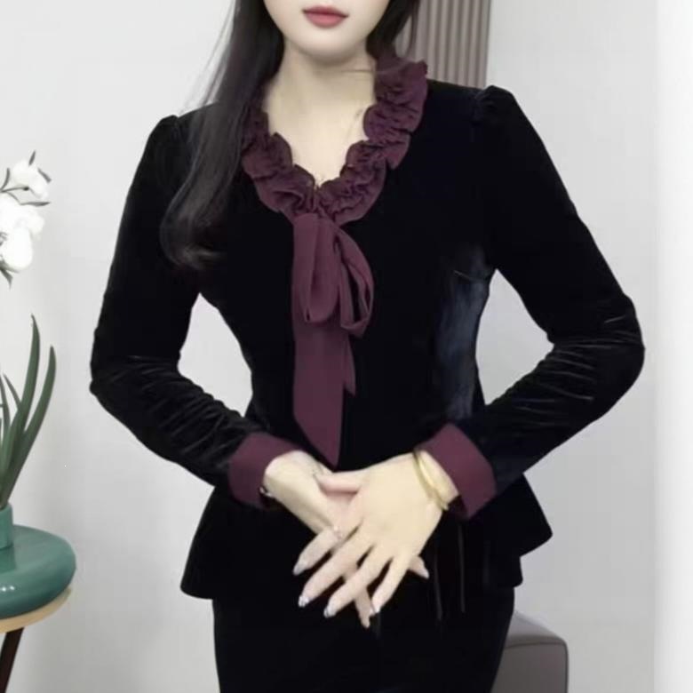 New fashionable lace collar top, slimming long sleeves, versatile for spring and autumn, slimming base layer, black women's blouse with ribbon.