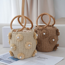 一件代发女士手拎包跨境款手工编织女包珍珠水桶包圆形手环纸编包
