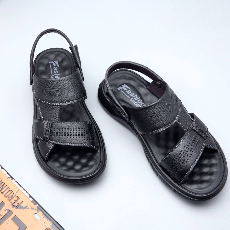 Dép sandal nam da bò hở ngón gót bằng 2,5 cm thoáng khí chống trượt — Kaki, Màu đen