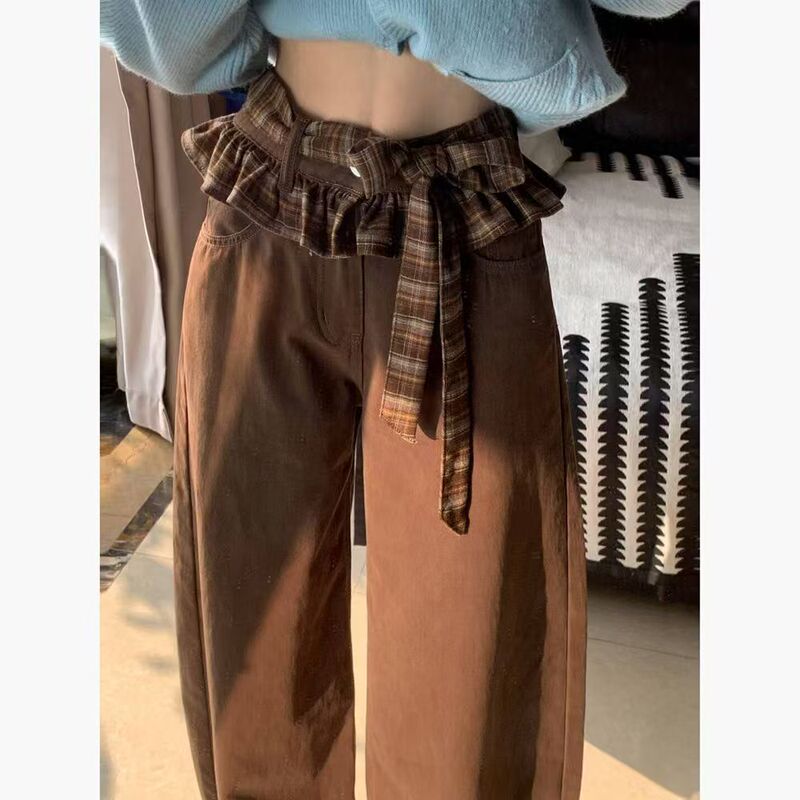Plus Size High-End Brown Lace Plaid Straight Jeans for Women 2025 Summer New Loose Wide-Leg Pants