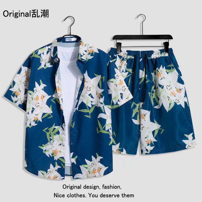 Verano playa floral camisa de manga corta traje de los hombres sueltos ins retro completo impreso pantalones cortos camisa de dos piezas