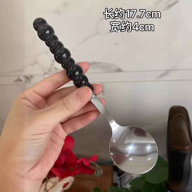 四色珍珠不锈钢勺子陶瓷手柄家用西餐餐勺高颜值少女心圆勺调羹|undefined