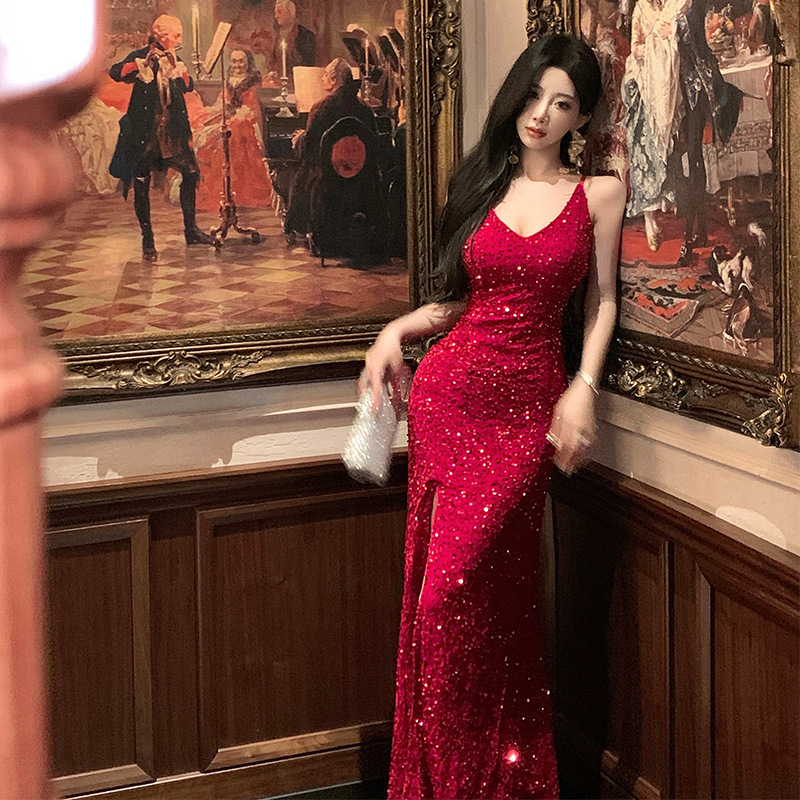 Real Shot of Christmas Evening Dress, Red Sequin Dress, Sexy Slit Annual Party Dress, Adult Dress, Fishtail Skirt