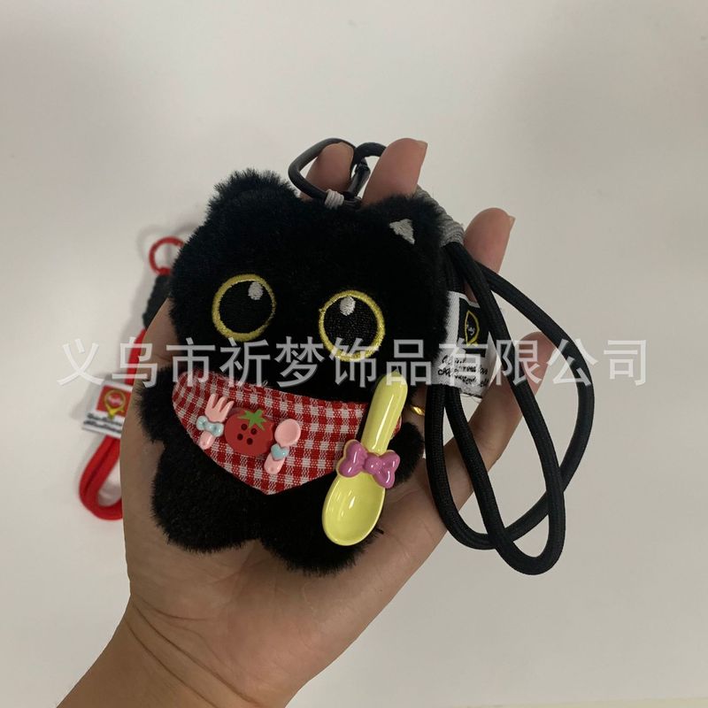 可爱呆萌围兜大眼黑猫情侣创意毛绒玩偶包挂件小白猫车钥匙扣挂饰|undefined