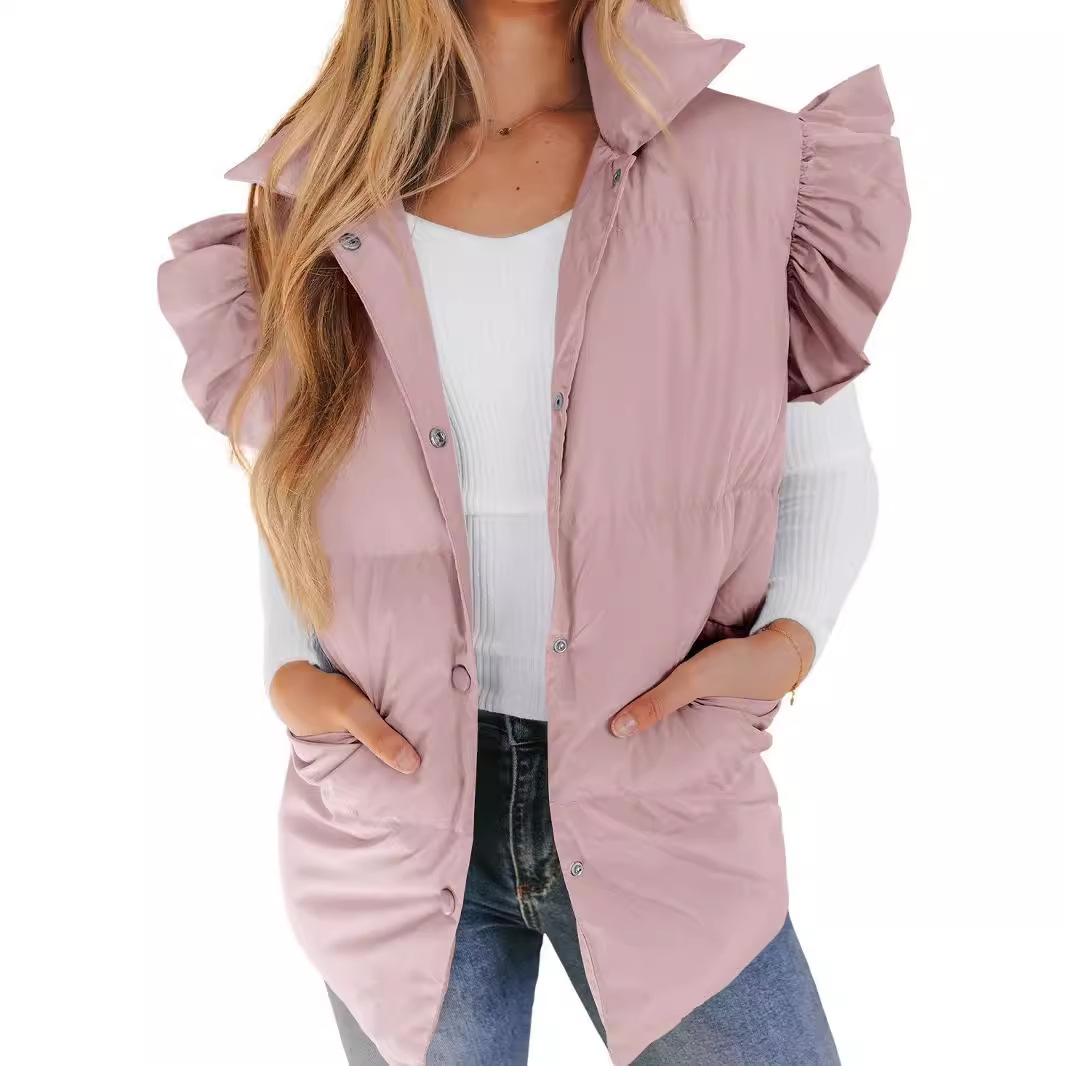 Transfronterizos de otoño e invierno de Europa y América Nueva suelta ropa acolchada de algodón de bolsillo suelto mangas de vuelo elegante Chaleco de pie collar de moda de un solo pecho