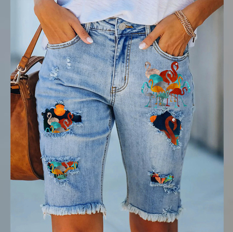 European and American Y2 Cross-Border Temu Women's Clothing Summer New Style Ripped Print Flamingo Fringed Denim Shorts for Women in Stock European and American Y2 Cross-Border Temu Women's Clothing Summer New Style Ripped Print Flamingo Fringed Denim Shorts for Women in Stock