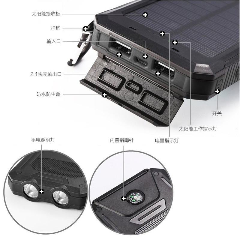 Explosiva transfronteriza 10000mAh multifunción impermeable banco de energía solar viene con brújula linterna banco de energía