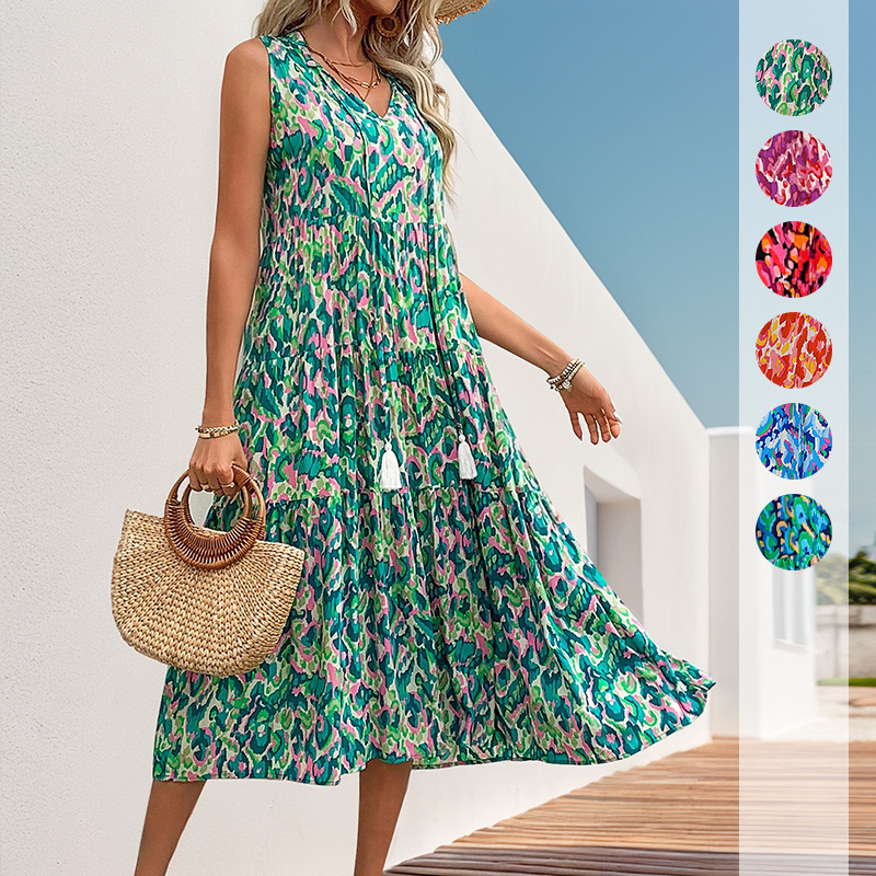 2026 New European and American Summer Cross-Border Tiktok Vacation Style Sleeveless V-Neck Tassel Abstract Print Dress for Women