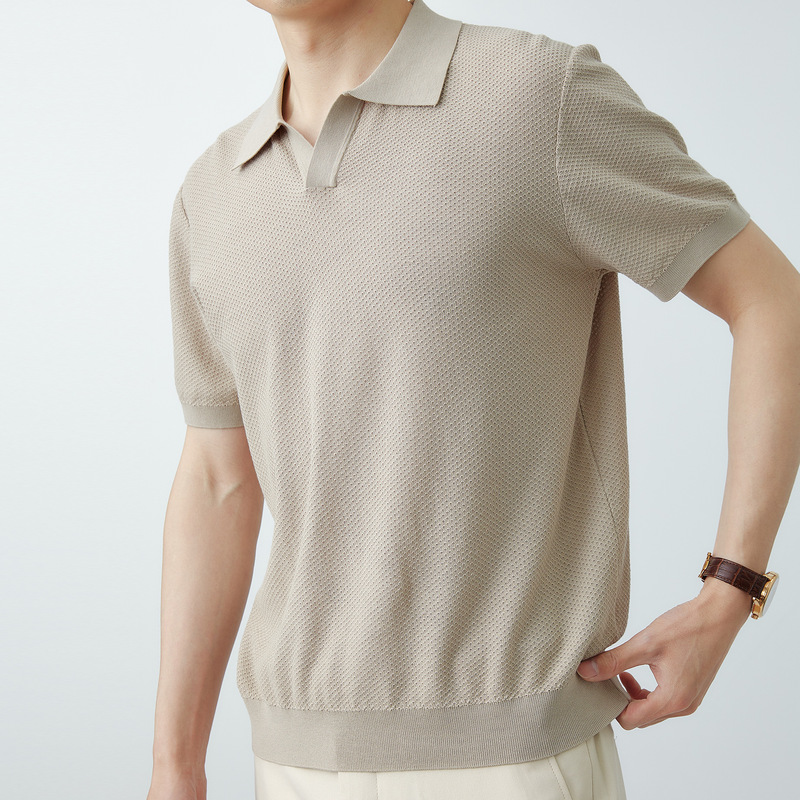 Cotton Mulberry Silk Summer Cool Short-sleeved Polo Shirt Linen Light Luxury Knitted Breathable Light Mature V-neck T-shirt for Men
