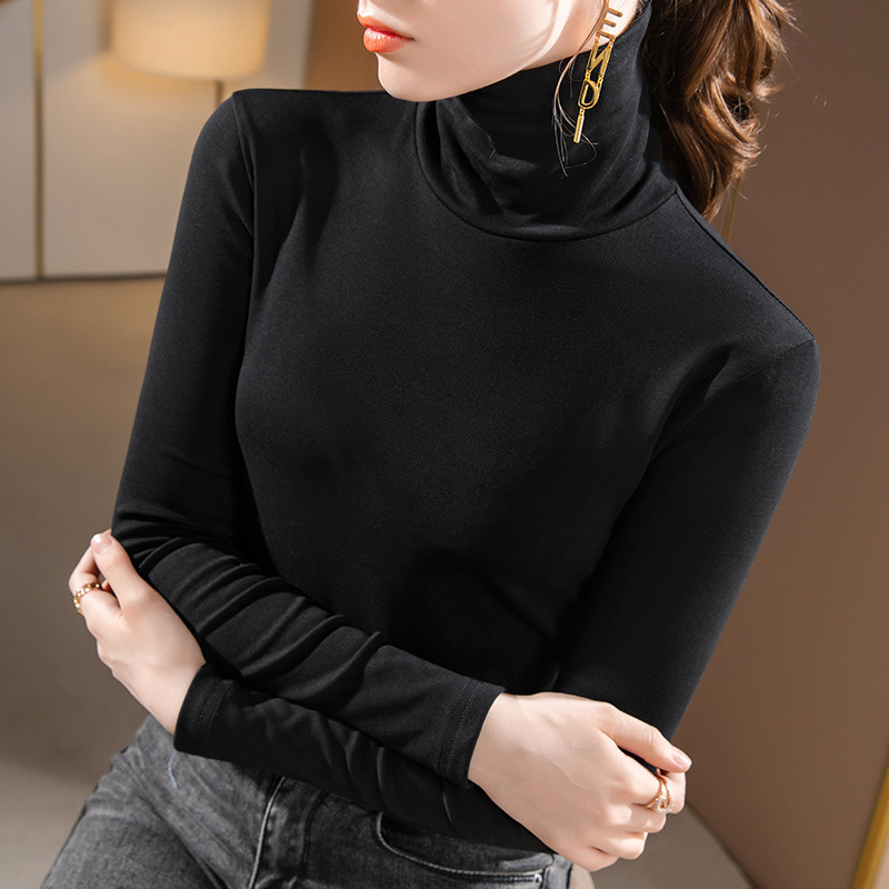 Camisa de fondo de cuello alto para mujer 2022 Otoño e Invierno Nueva Camiseta de manga larga de color sólido con forro polar cálido Cintura interior superior ajustada image 10