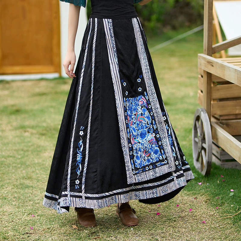 Улучшенная повседневная юбка Hanfu с вышивкой в этническом стиле, плиссированная юбка, большая качающаяся длинная юбка трапециевидной печати, юбка с высокой талией