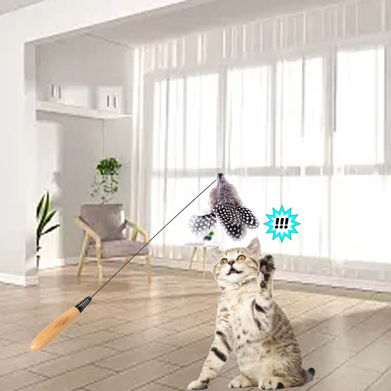 Factory wholesale CFA cat stick primary color feather replacement hand-held wooden handle cat stick cat toy interactive spring rod