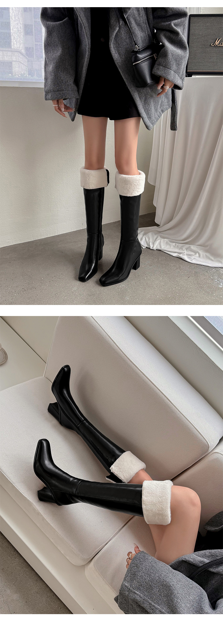 Boot nữ cổ cao mũi vuông gót dày da thật, phong cách hiệp sĩ, có thể gập ống — Lớp lót nhung đen chi tiết 10