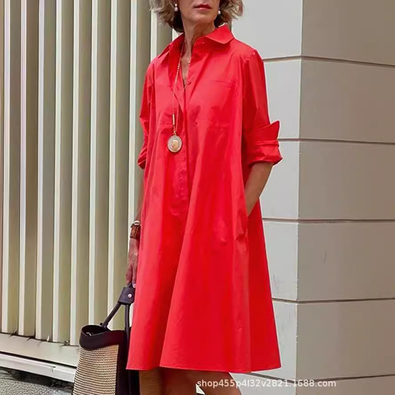 2025 European and American Cross-Border Amazon Women's Clothing Simple Loose Shirt Dress Long Sleeve C215