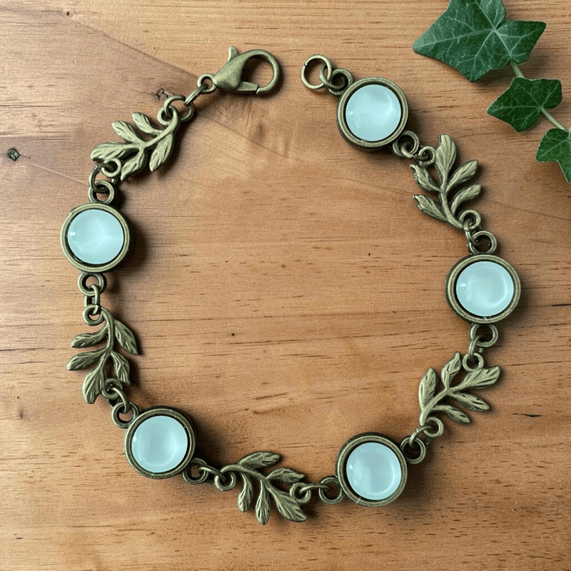 Bronze Natural Witch Bracelet Leaf White Stone Bracelet Forest Witch Country Jewelry Bohemian Amulet