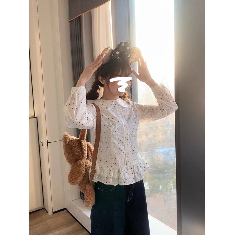 韩国chic秋季甜美减龄百搭木耳边娃娃领单排扣波点短袖衬衣女|undefined