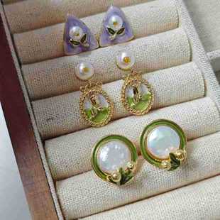 S925 Silver Needle Retro Monet Oil Painting French Antique Earrings Natural Freshwater Pearl Earrings New Chinese Style