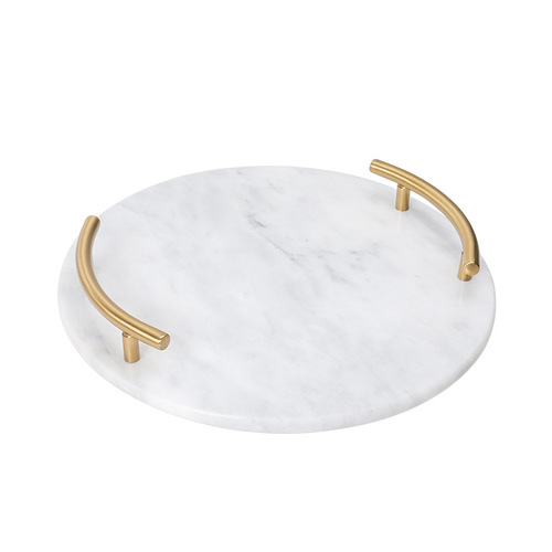 Natural marble round jewelry metal handle storage tray ornaments decoration model room hotel soft decoration