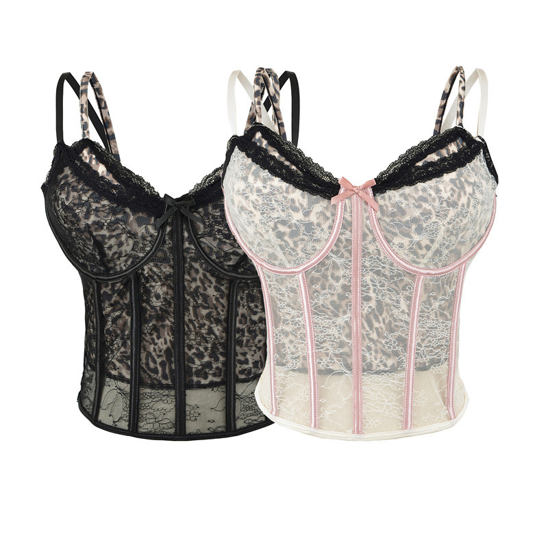 Sexy Hot Girl V-Neck Lace-Trimmed Bowknot Leopard Print Fishbone Camisole Slim-Fit Short Base Top Sexy Hot Girl V-Neck Lace-Trimmed Bowknot Leopard Print Fishbone Camisole Slim-Fit Short Base Top