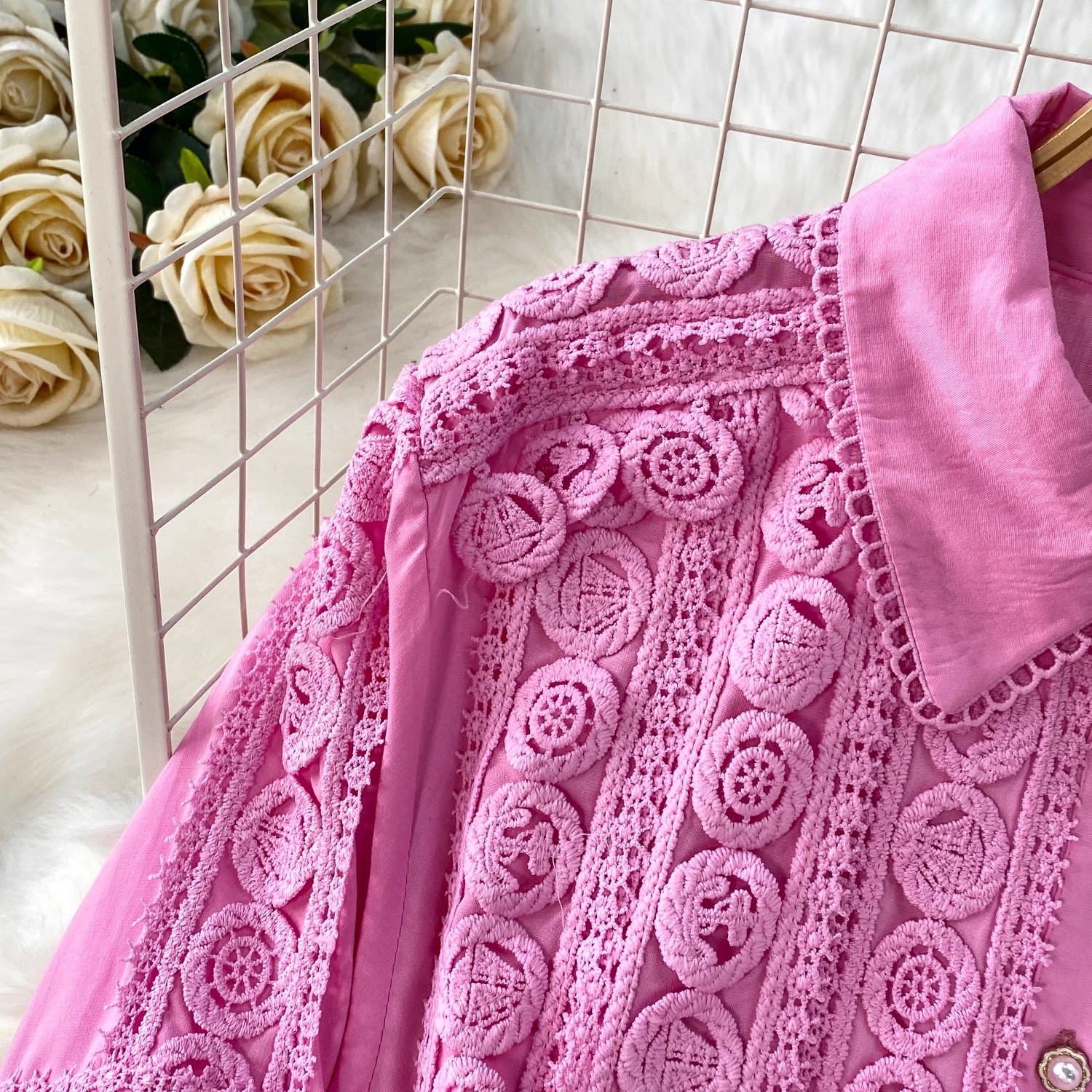Elegantes Damen Zweiteiler Set Rosa Spitzenbluse Mit Rock_voghion.com
