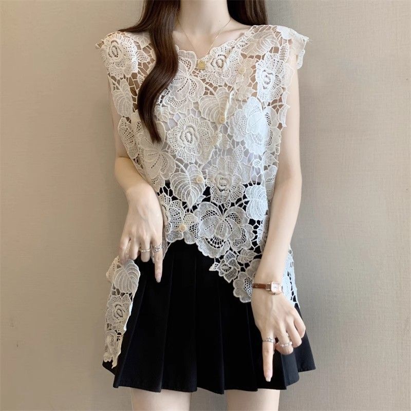 Jinbukang High-End Floral Embroidery Hollow Out Vest Lace Top for Women, New Summer Style Sleeveless Outerwear Jinbukang High-End Floral Embroidery Hollow Out Vest Lace Top for Women, New Summer Style Sleeveless Outerwear