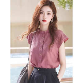 木耳边立领亚麻小飞袖衬衫女设计感小众夏季独特别致漂亮小衫上衣