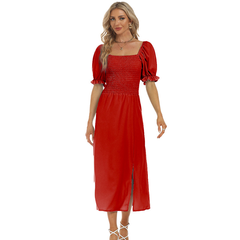 Puff Sleeve Tube Top Waist dress 2025 Summer Solid Color Sexy Split Dress Fashion Bridesmaid Dress