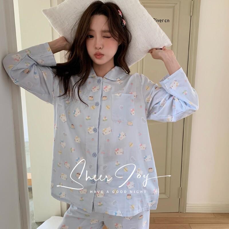 Xiaohongshu Class a Pure Cotton Double-Layer Gauze Square-Neck Women's Ins-Style Loungewear Casual Long-Sleeve Long Pants Autumn Pajamas for Women