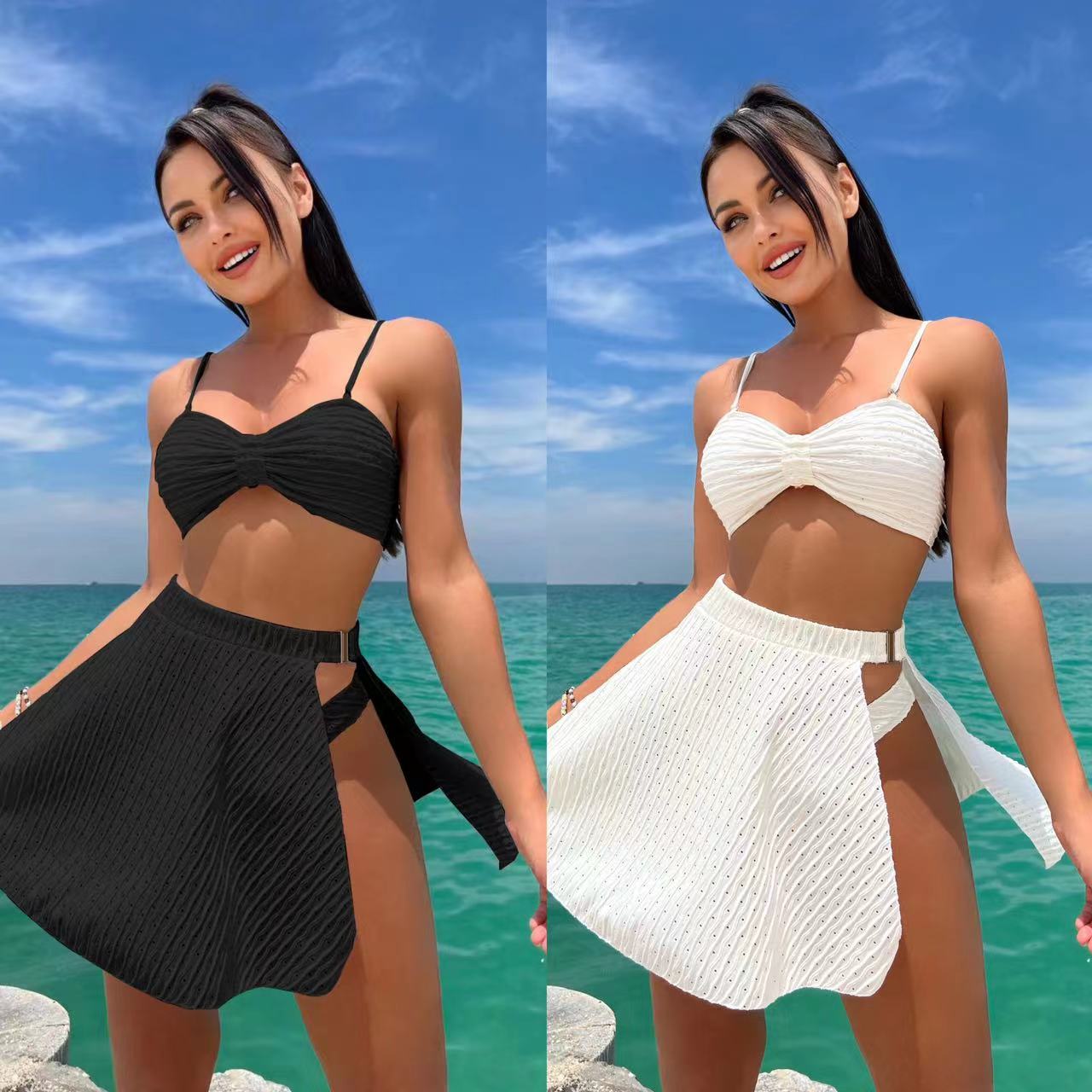2023 European and American new style leaky eye cloth sexy side leakage mesh skirt three-piece swimsuit swimsuit bikini bikini