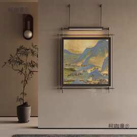 新中式千里江山玄关茶室感金属壁饰铁艺方形吊杆画带灯装饰麦太保