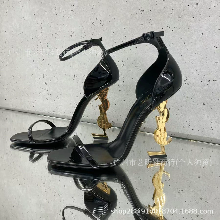 2024 new one word with high heels female poplar forest, the same side letters and sexy ultra -high heels of European and American high -heeled sandals