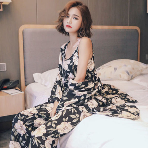 Autumn New Japanese long-sleeved floral nightgown three-piece set women's sweet loose suspender trousers home wear suit
