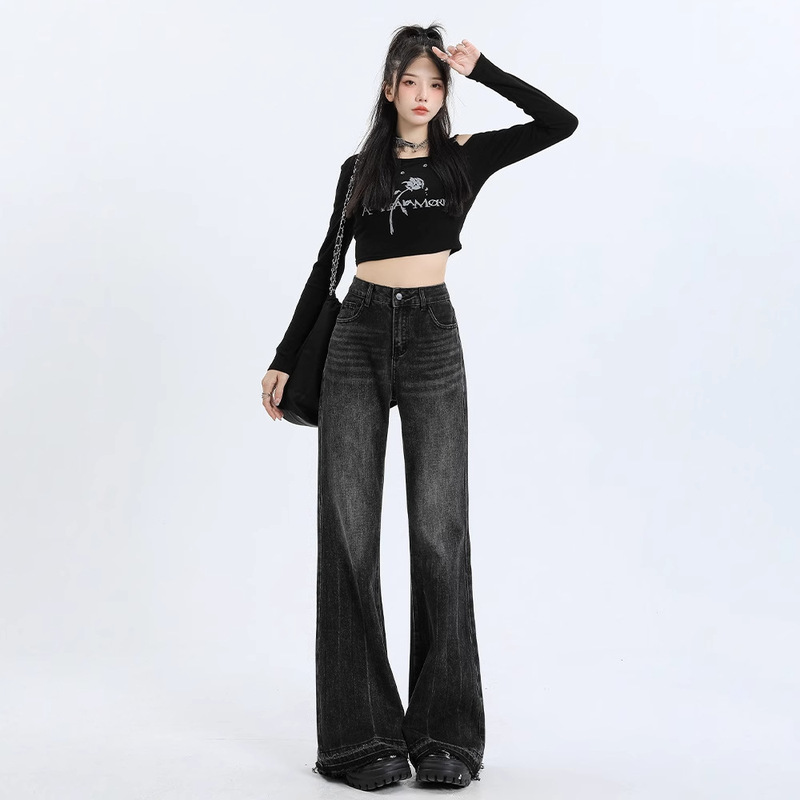 Black frayed hem flared jeans for women, autumn American street style, slimming straight wide-leg floor-length pants, trendy