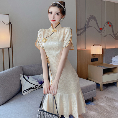 2021新款复古立领浪漫鱼尾裙摆绸缎旗袍改良版气质礼服连衣裙|ms