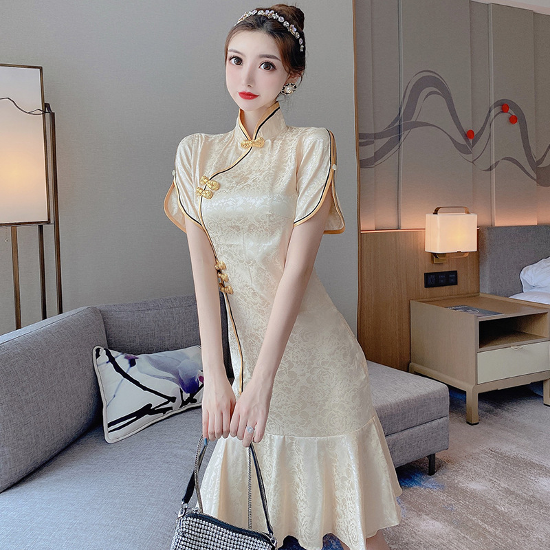 2021新款复古立领浪漫鱼尾裙摆绸缎旗袍改良版气质礼服连衣裙|ms