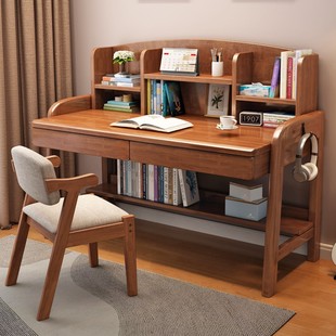 New Desk for Primary and Secondary School Students Home Writing Desk Bookshelf Integrated Simple Solid Wood Lift Table Girls Bedroom Study