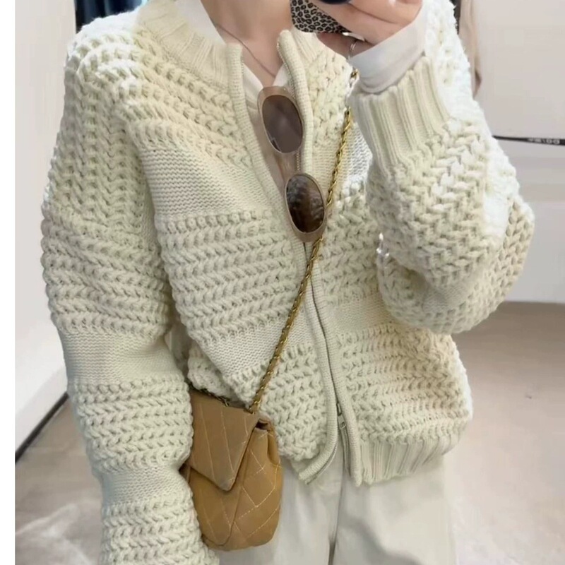 Solid Color Retro Heavy Industry Thick Knitted Sweater Jacket Women's 2025 Autumn and Winter Loose Thickened Zipper Knitted Cardigan