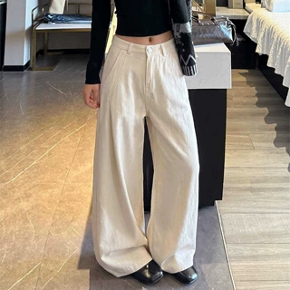 美式白色压褶弯刀西装裤女春秋新款高级垂感宽松休闲牛仔阔腿裤子