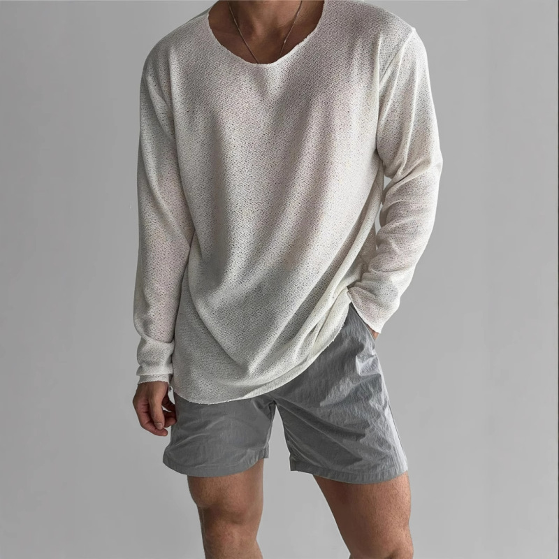 Lazy Style Hollow-out Knitted Sweater Men's Silky Smooth Loose Large Collar Long-sleeved Sunscreen Relaxation Low-collar T-shirt Lazy Style Hollow-out Knitted Sweater Men's Silky Smooth Loose Large Collar Long-sleeved Sunscreen Relaxation Low-collar T-shirt
