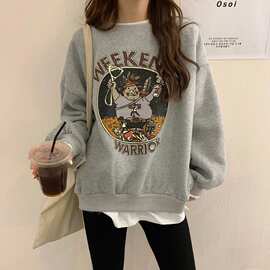 五笔蟹假两件加绒卫衣女秋冬新款宽松韩版卡通学生上衣女一件代发