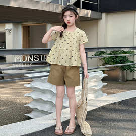 女童2025新款夏季套装甜美风中大童儿童蝴蝶结满印短袖短裤两件套