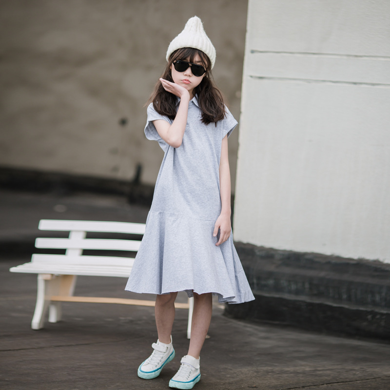 Vestido de las muchachas estilo preppy falda Polo solapa 2023 verano nuevos niños ropa mediana y grande casual manga corta mujeres