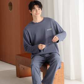【L-4XL】春秋新款纯棉男士长袖长裤套头睡衣印花休闲男家居服