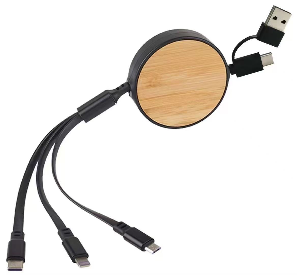 Cable de datos de paja de trigo, cable de carga tres en uno, cargador rápido cuadrado, multifunción, logotipo de impresión de madera y bambú transfronterizo